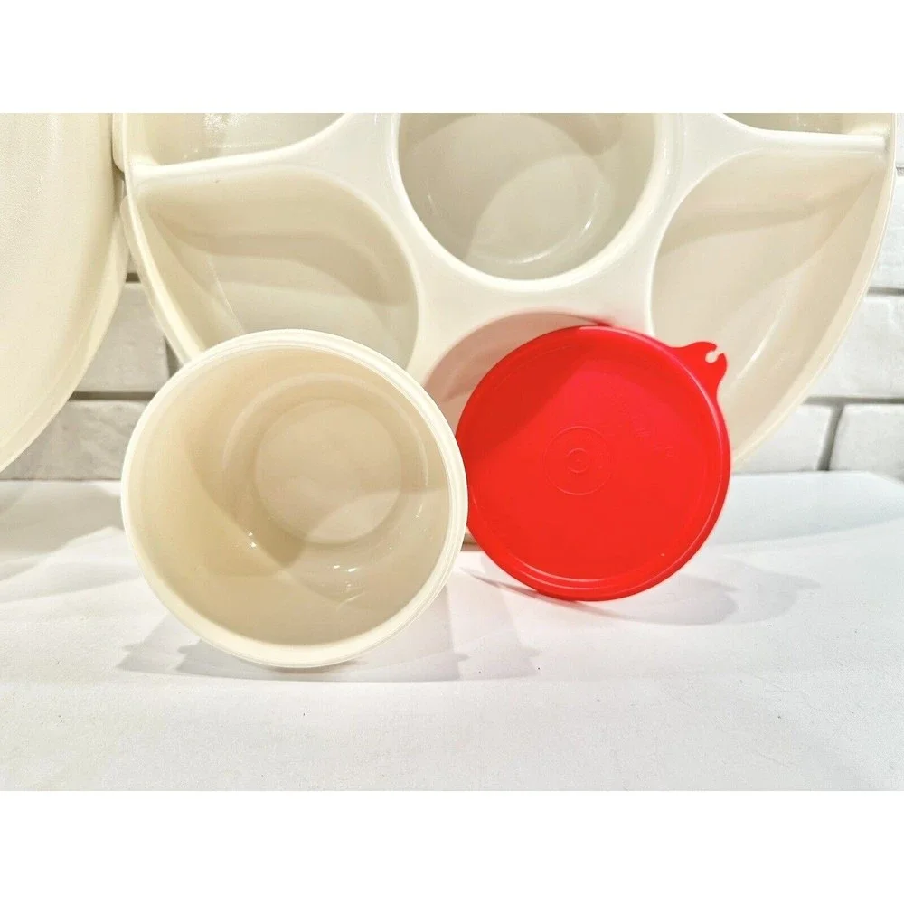 Vintage Tupperware almond color party dip tray 1663-2 includes 1667-8 dip holder